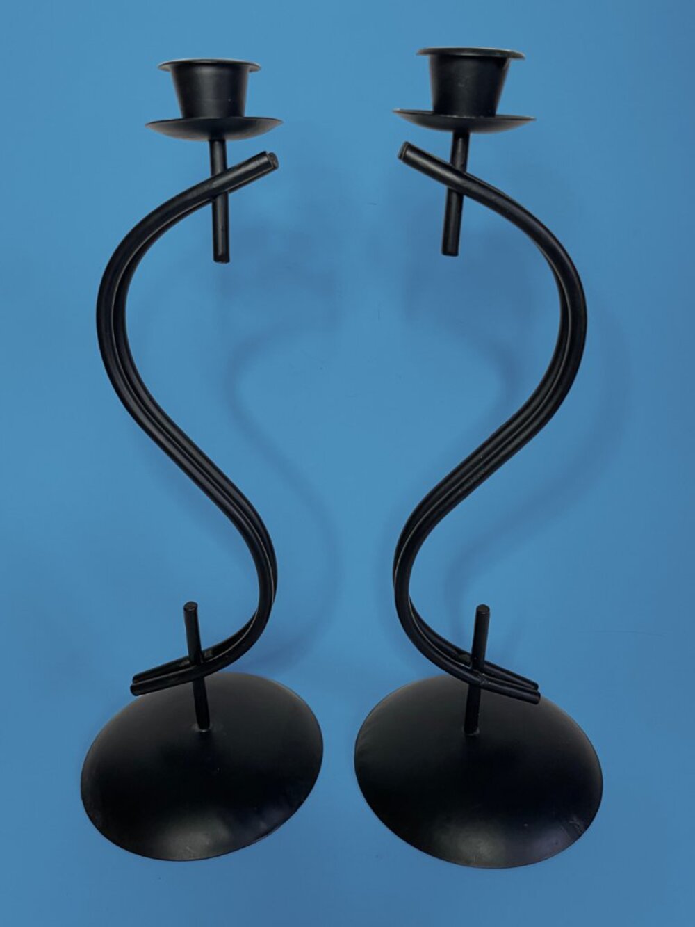 Vintage 1980s Postmodern Black Wrought Iron S-Curve Taper Candlestick Holders